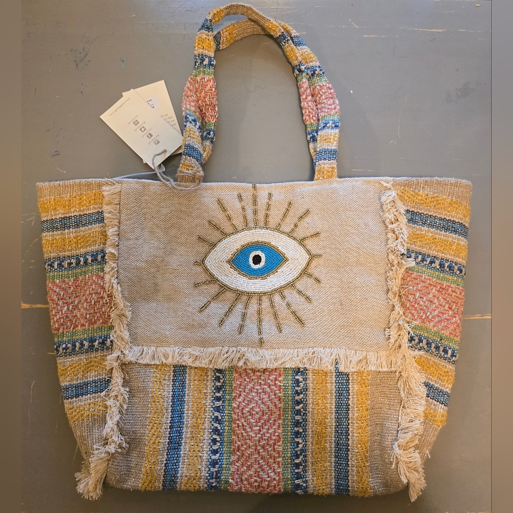 Antik Kraft Cream and Blue Ethnic Tote Bag
